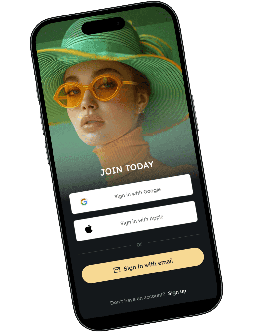 Phone mockup of The Exclusive Society sign-in screen with Google, Apple, and email options