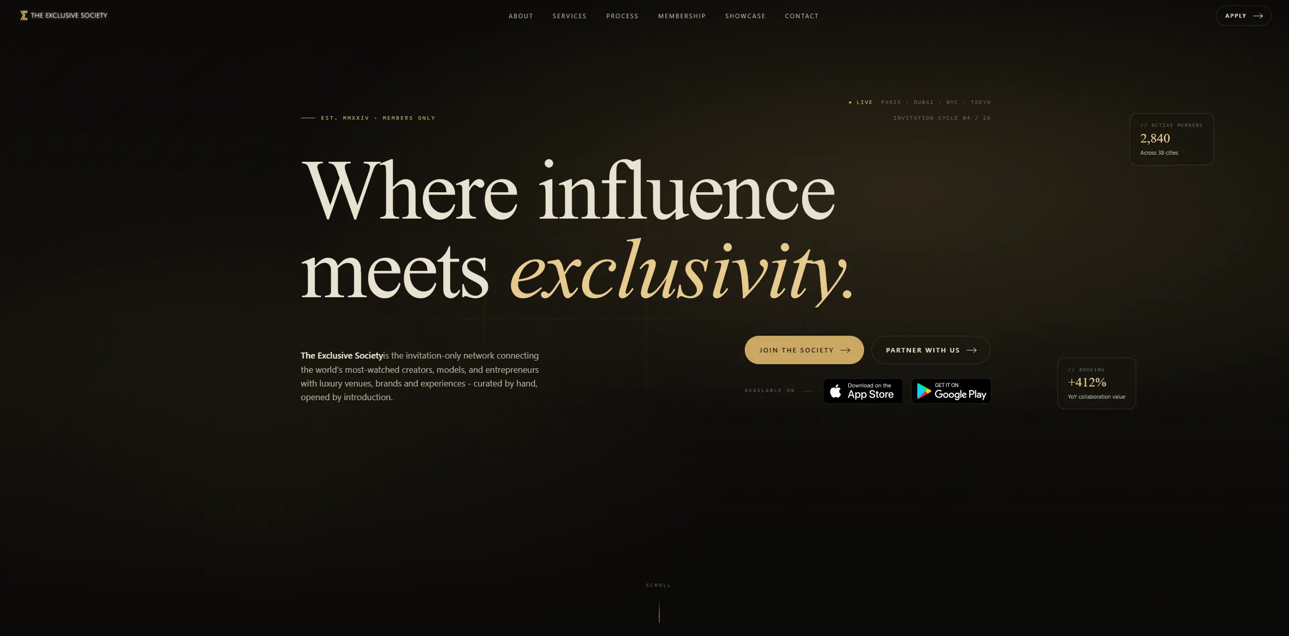 The Exclusive Society landing page - dark, gold, invitation-only branding with App Store and Google Play badges