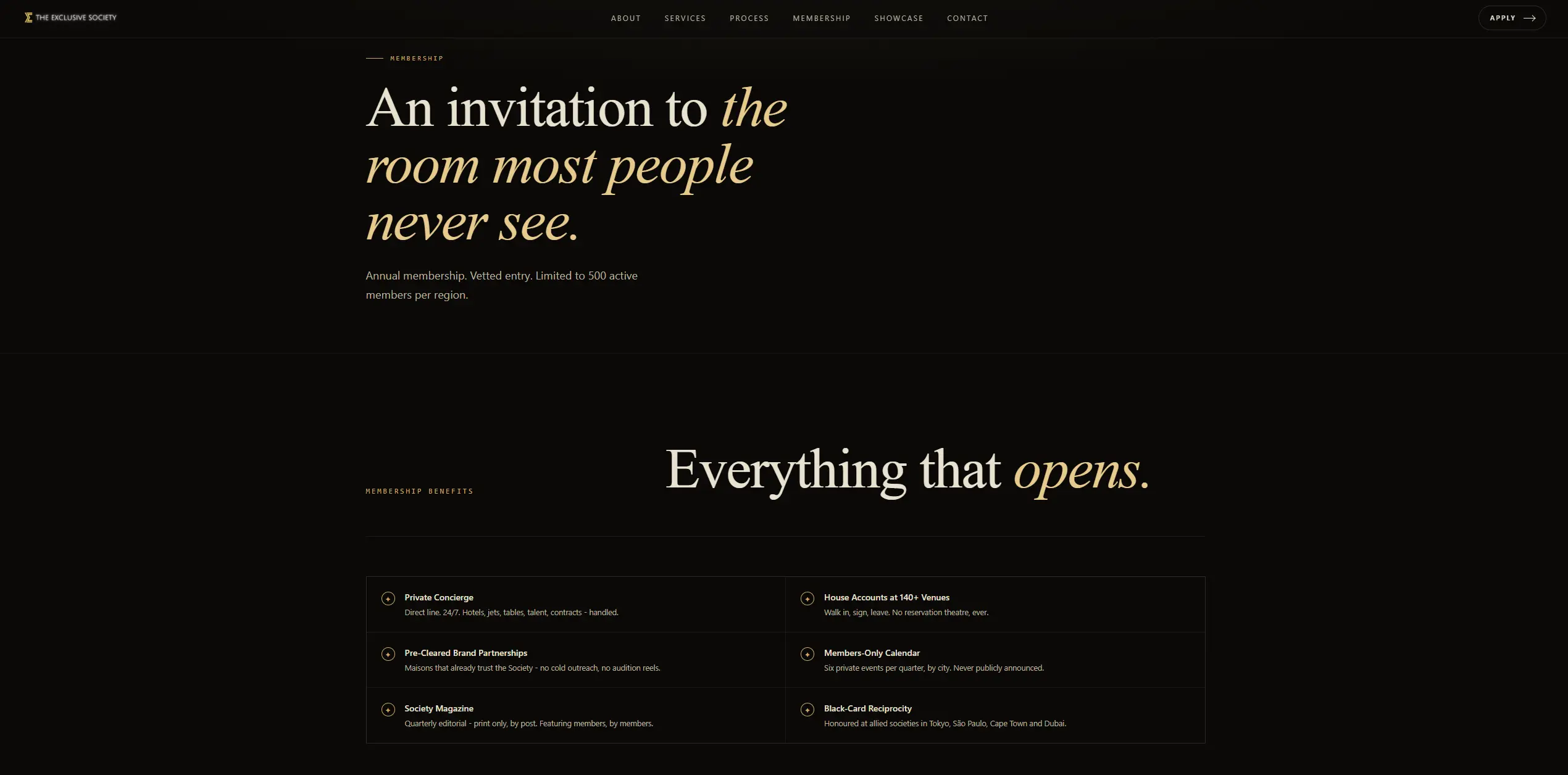 The Exclusive Society membership page with the headline 'An invitation to the room most people never see' and a benefits grid